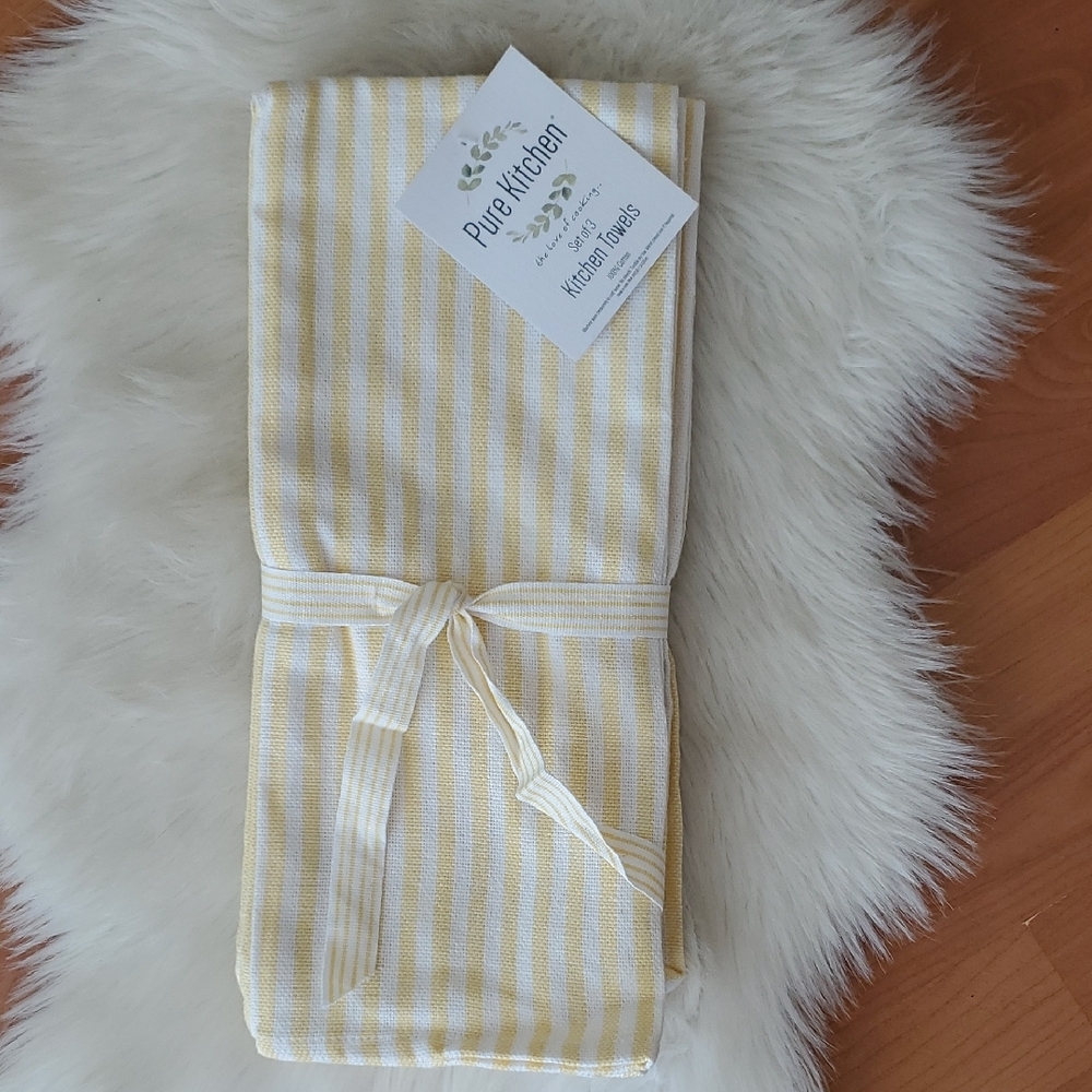 Nwt Pure Kitchen 100% Cotton Yellow Striped Kitchen Towels